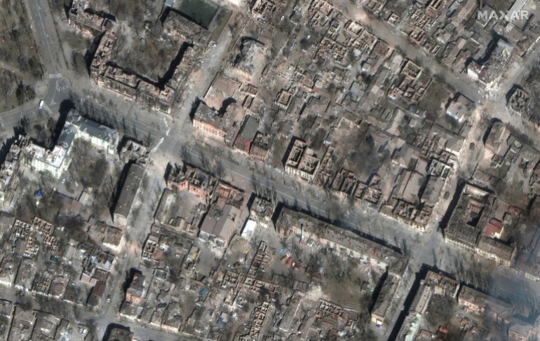A satellite image shows destruction of homes and buildings, in Mariupol, Ukraine, March 29, 2022. Satellite image 2022 Maxar Technologies/Handout via REUTERS 
