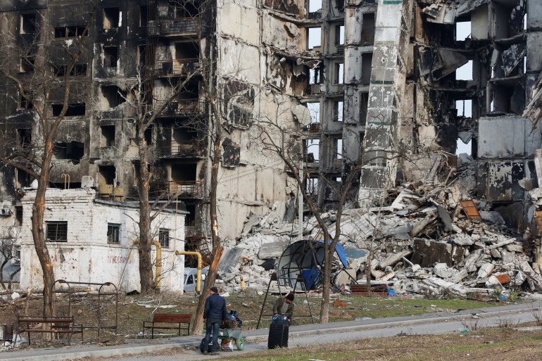 A view shows an apartment building destroyed during Ukraine-Russia conflict in the besieged southern port city of Mariupol, Ukraine.