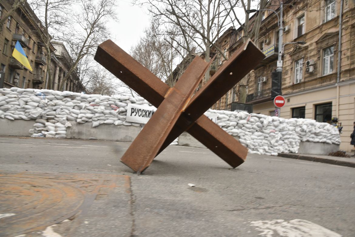 Metal barricades placed to the streets as part of defense preparations due to ongoing Russian attacks on Ukraine, in the southern Ukrainian city of Odessa