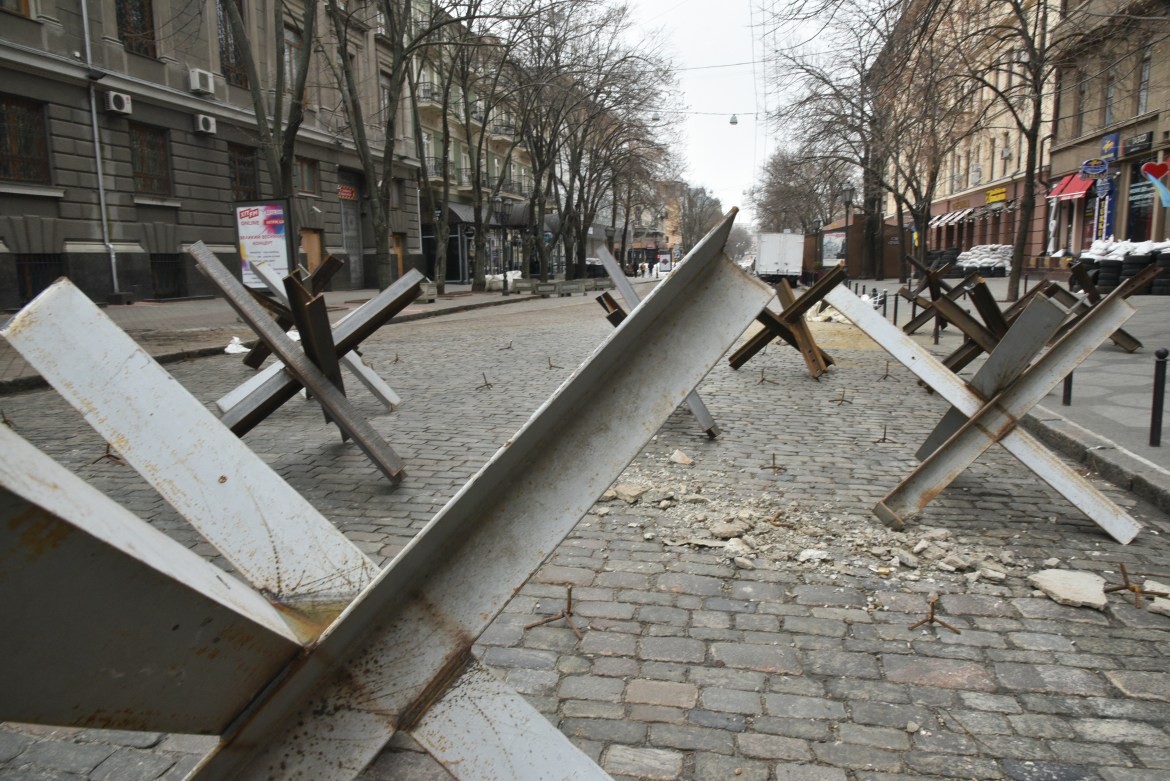 Metal barricades placed to the streets as part of defense preparations due to ongoing Russian attacks on Ukraine, in the southern Ukrainian city of Odessa