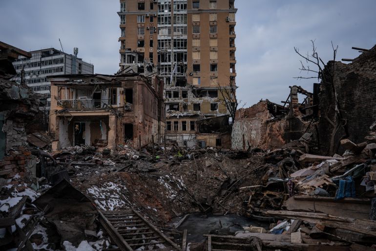 A view of destruction in the city of Kharkiv after Russian attacks.