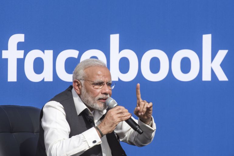 Narendra Modi, India's prime minister, speaks during a town hall meeting at Facebook Inc. headquarters in Menlo Park, California, U.S.