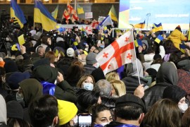 Georgians attend a rally in support of Ukraine in Tbilisi