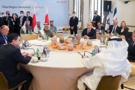 Foreign Ministers of USA, Egypt, Morocco, UAE and Bahrain seen at a table in Israel