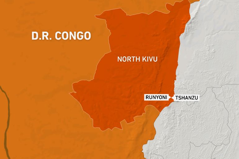 Map showing the villages of Tshanzu and Runyoni in eastern DR Congo