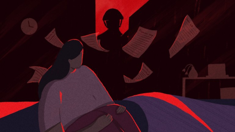 Illustration by JC of a woman huddled alone in the dark with pages floating in the air around her and the silhouette of a soldier against the wall.