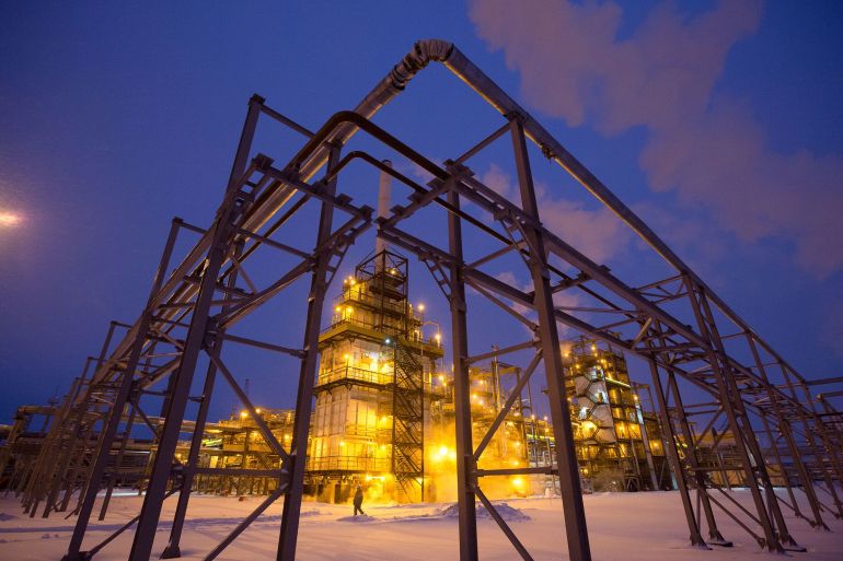 Lights illuminate the low-temperature isomerisation unit at the Novokuibyshevsk oil refinery plant in Samara region, Russia