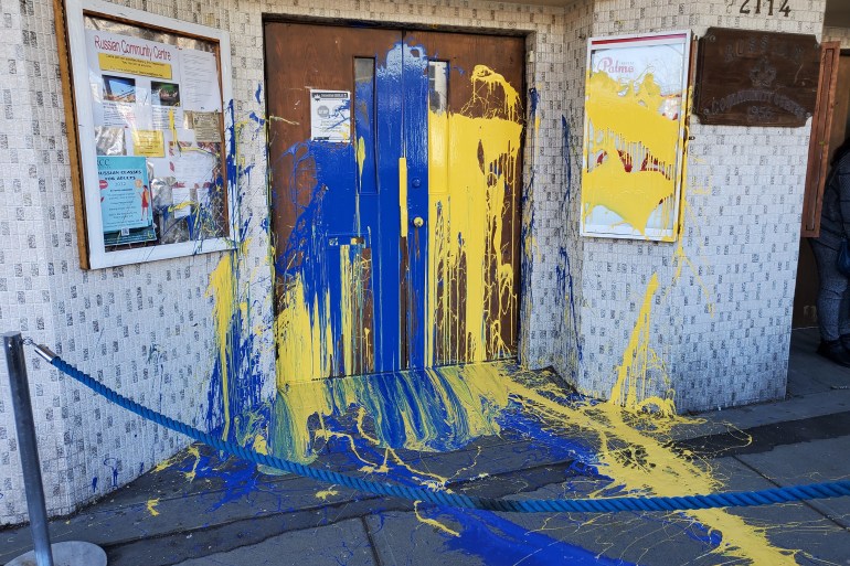 Blue and yellow paint was thrown at the door of the Russian Community Centre in Vancouver, Canada