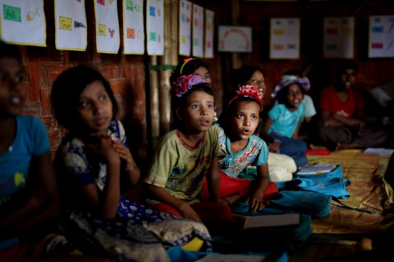 Rohingya refugee children attend a UNICEF run school in Balukhali refugee camp, Bangladesh.
