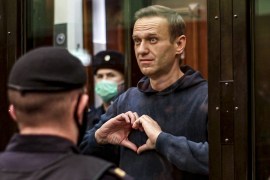 Alexey Navalny gestures in the Moscow City Court