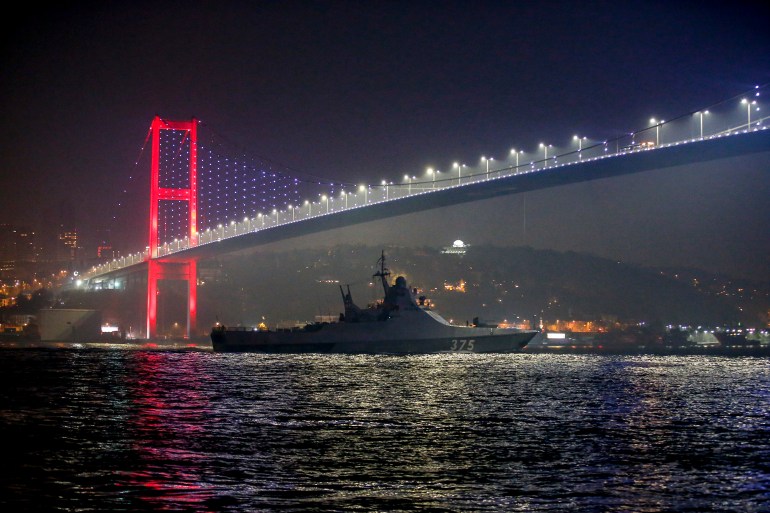 The Russian Navy's Bykov class corvette Dmitry Rogachev travels through Bosphorus en route to the Black Sea in Istanbul, Wednesday, Feb. 16, 2022.