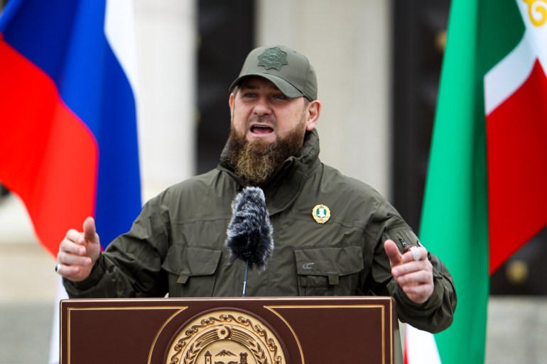 Chechnya's regional leader Ramzan Kadyrov addresses servicemen attending a review of the Chechen Republic's troops and military hardware in Grozny