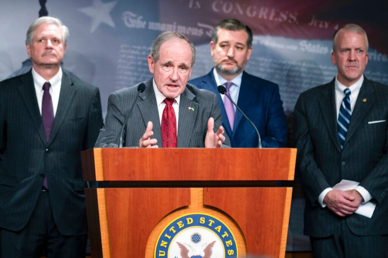 Ranking member of the Senate Foreign Relations Committee Senaor. Jim Risch, a Republican, speaks during a news conference with Republican lawmakers .