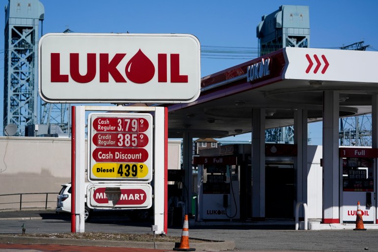 A Lukoil gas station sits in Newark, N.J.