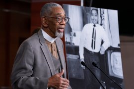 Representative Bobby Rush speaks during a February 2020 news conference about the &#34;Emmett Till Anti-Lynching Act&#34; on Capitol Hill [File: J Scott Applewhite/AP Photo]