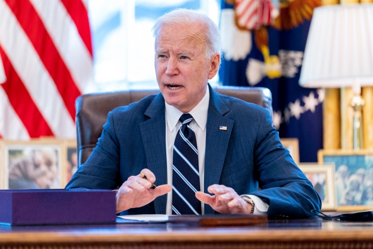 President Joe Biden speaks before signing the American Rescue Plan, a coronavirus relief package, in the Oval Office of the White House