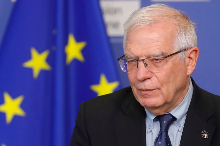 European Union foreign policy chief Josep Borrell speaks during a press statement