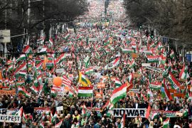 Thousands of supporters of Hungary's right-wing populist prime minister, Viktor Orban