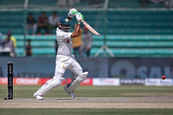 Pakistan's Babar Azam bats on the fifth day of the second test match between Pakistan and Australia at the National Stadium in Karachi Pakistan