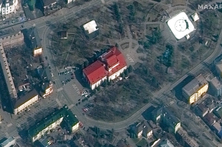 Satellite image provided by Maxar Technologies shows the Mariupol Drama Theater in Mariupol.