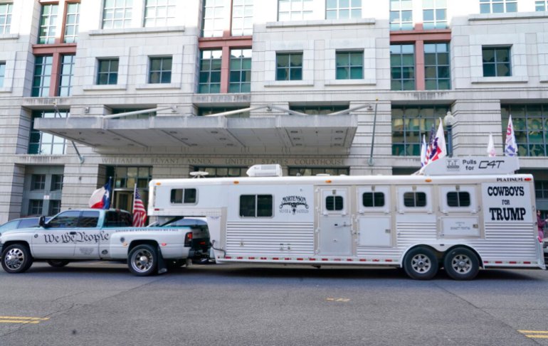 A trailer used by Otero County, New Mexico Commissioner Couy Griffin, arrives outside the federal court house in Washington, DC.