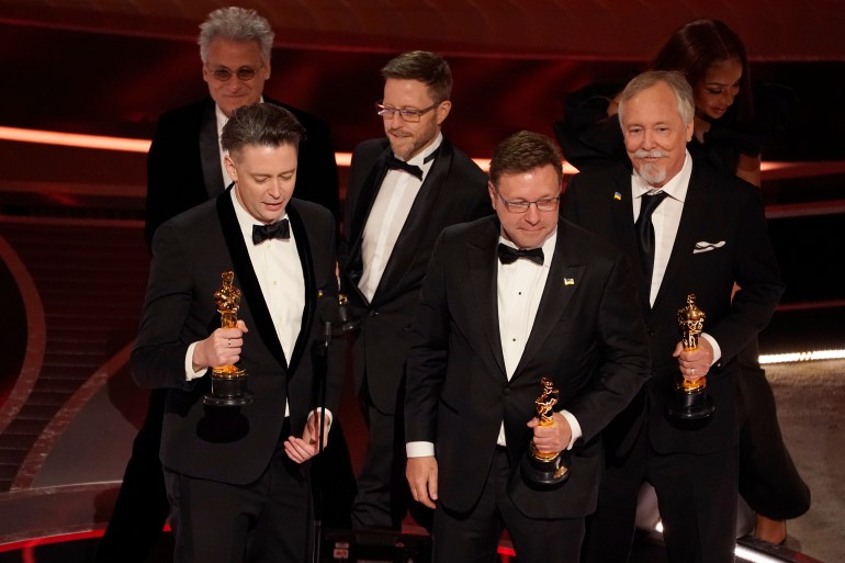 The team from "Dune" accept the award for best sound at the Oscars on Sunday, March 27, 2022, at the Dolby Theater in Los Angeles