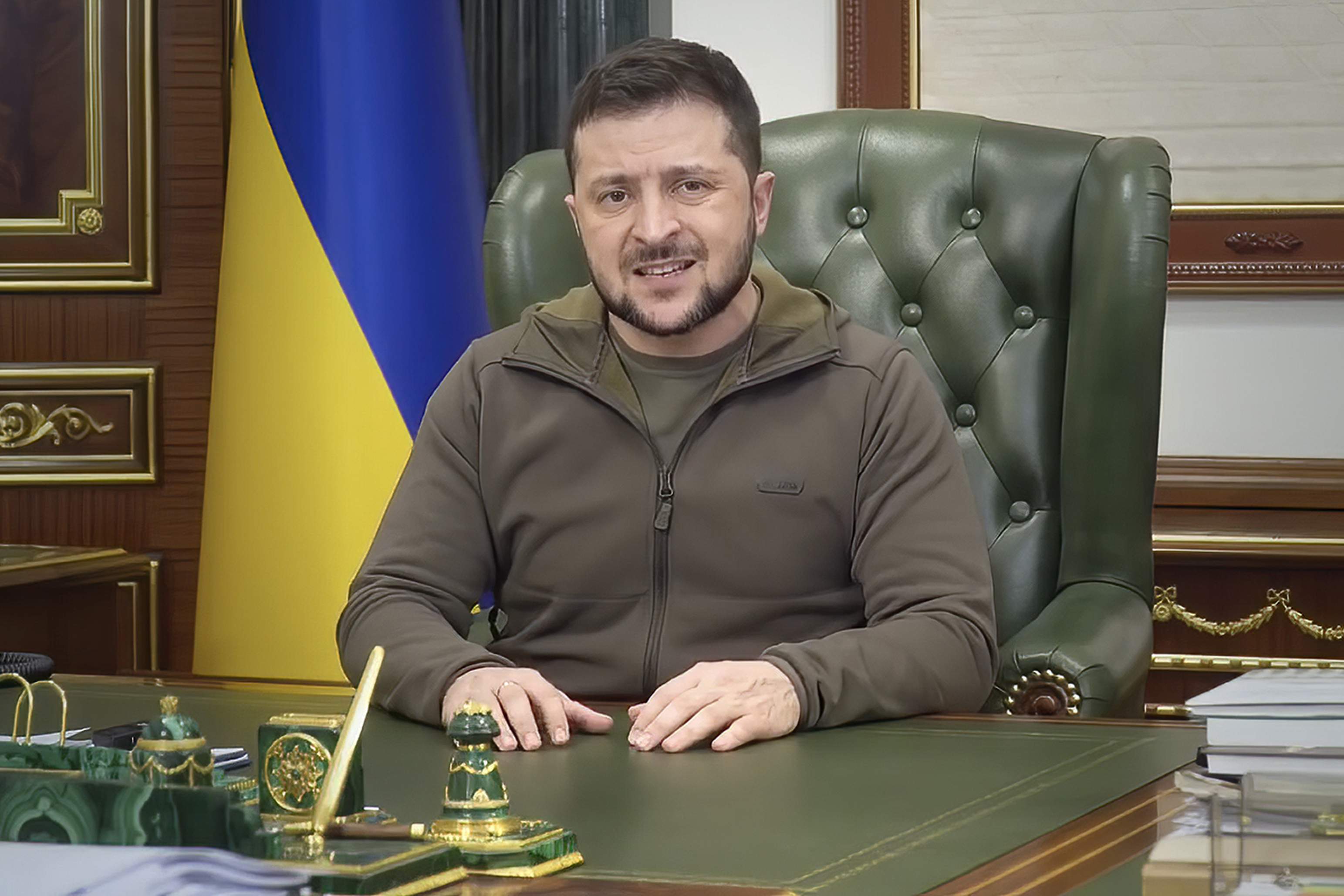 In this image from video provided by the Ukrainian Presidential Press Office, Ukrainian President Volodymyr Zelenskyy speaks from Kyiv, Ukraine,