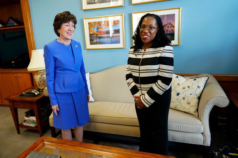 Supreme Court nominee Ketanji Brown Jackson meets with Sen. Susan Collins, R-Maine, on Capitol Hill in Washington.