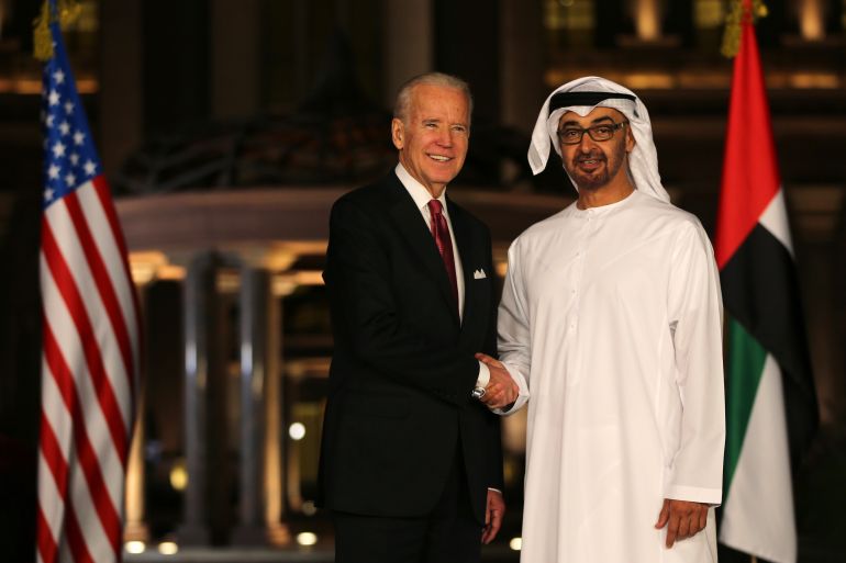 Joe Biden shakes hands with Sheikh Mohammed bin Zayed Al Nahyan
