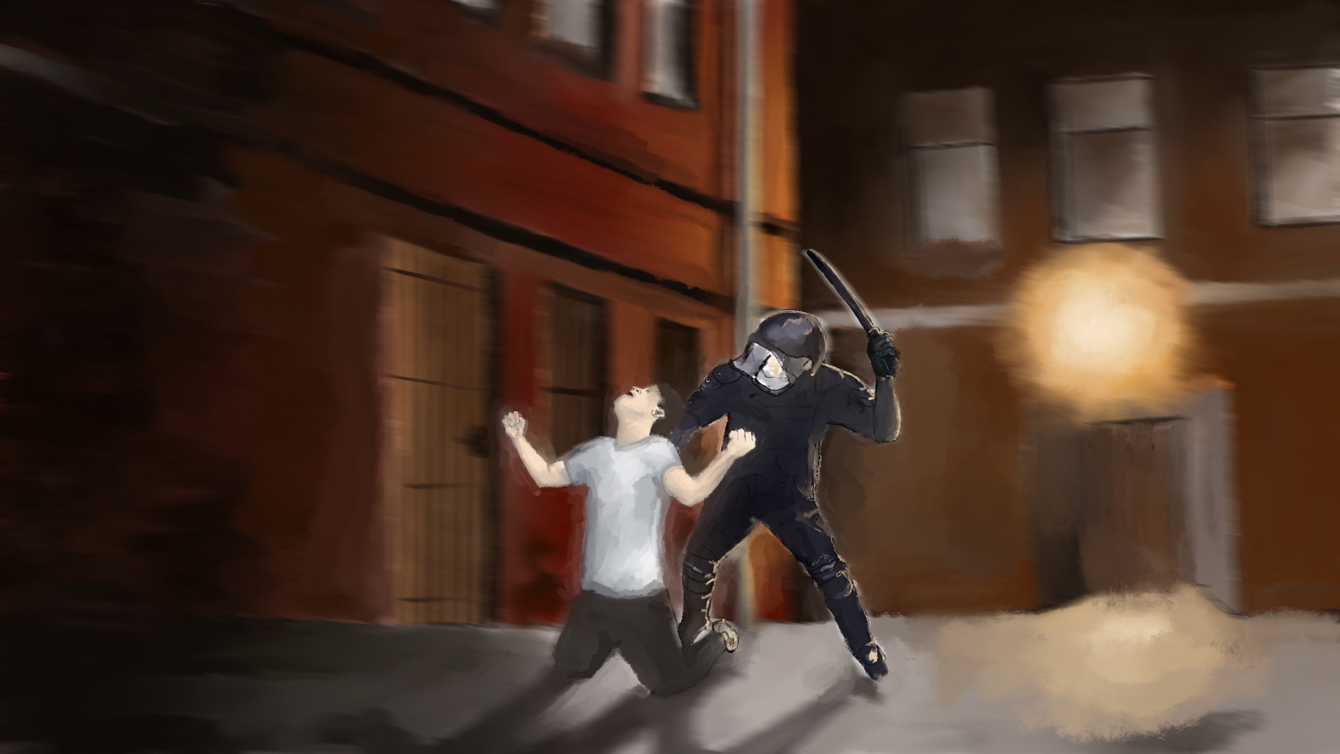 Drawing of a policeman beating a protester