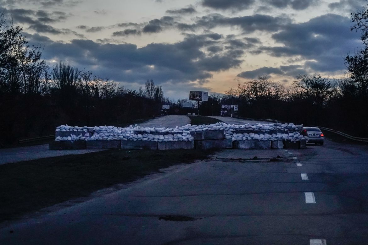 white sandbag barricades seen in Zaporizhzhia