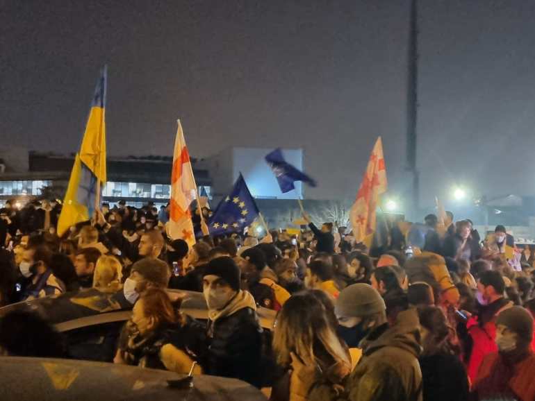 Протестующие держат флаги Украины, Грузии и ЕС