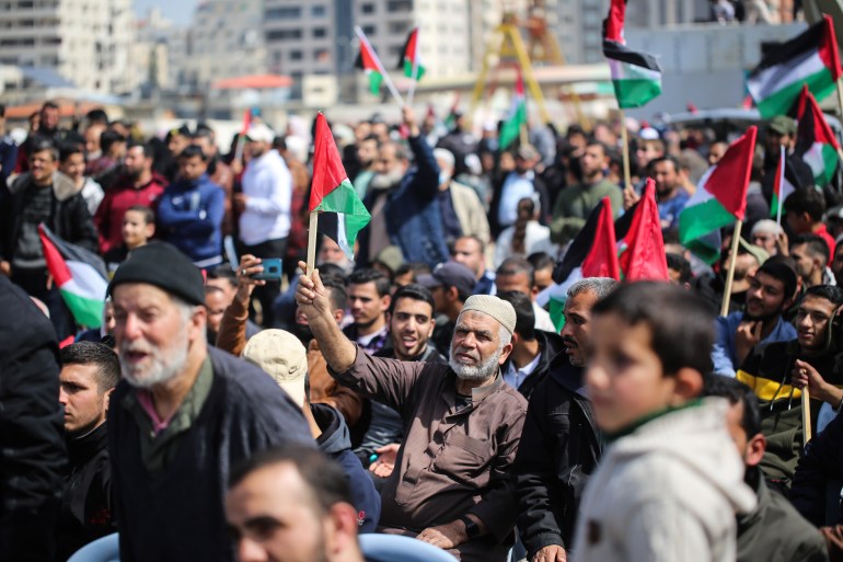 A man holds the Palestinian flag among the masses. 