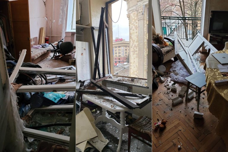 Taras Kovalchuk's apartment in Freedom Square is badly damaged by the air strikes.