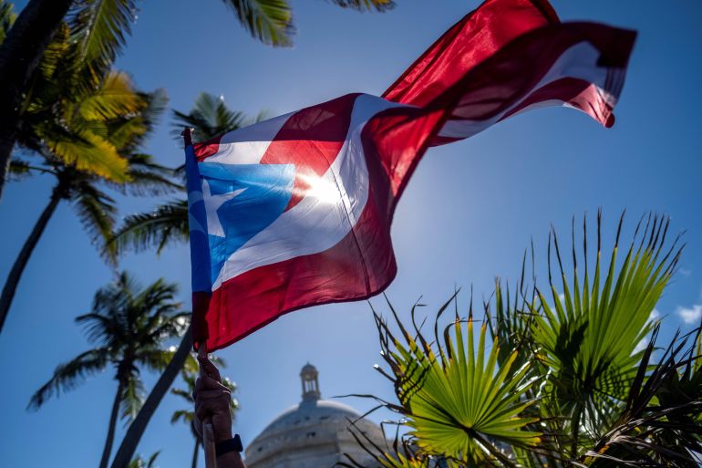 A person holds a Puerto Rican flag in front of the Capitol