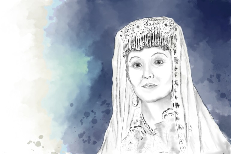 An illustration shows Adiba Parveen in ornate headdress against a blue background