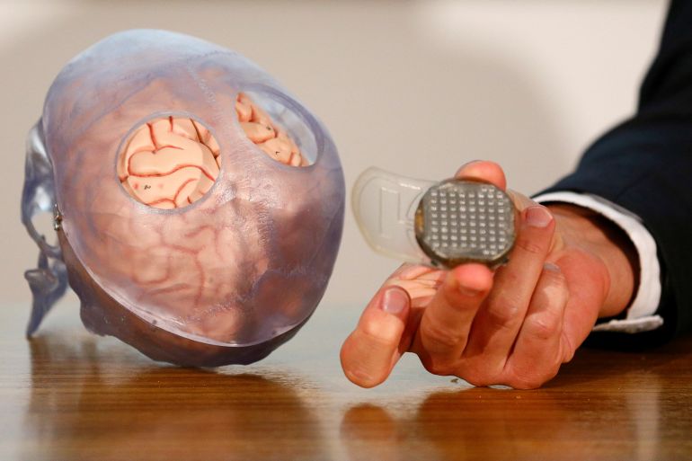 A model of a brain with someone holding a chip next to it