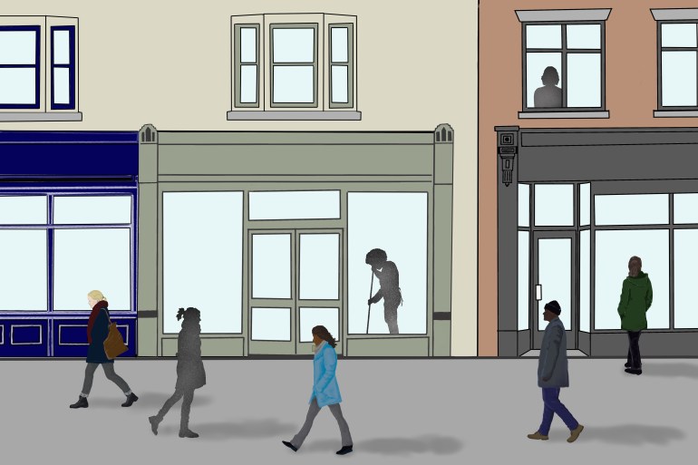 Drawing of people walking on a street