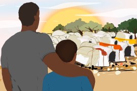 Drawing of a man and his daughter looking at tents in a refugee camp