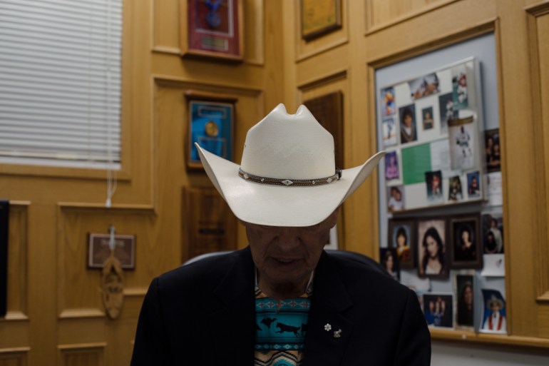 A photo of Chief Willie Littlechild in his office.