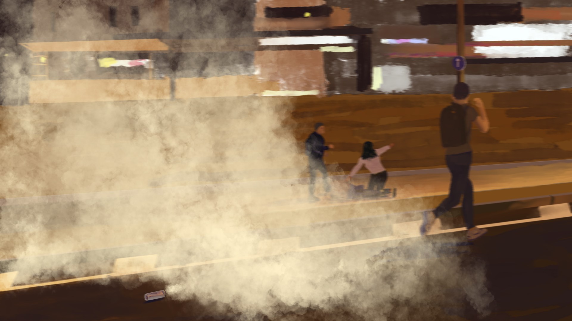 An illustration of three people on the street at night with a large amount of teargas smoke coming from the left end of the illustration.