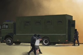 An illustration of a police truck with a police officer at the end of the truck with the door open and another police officer restraining a protester and pushing them towards the door at the back of the truck.