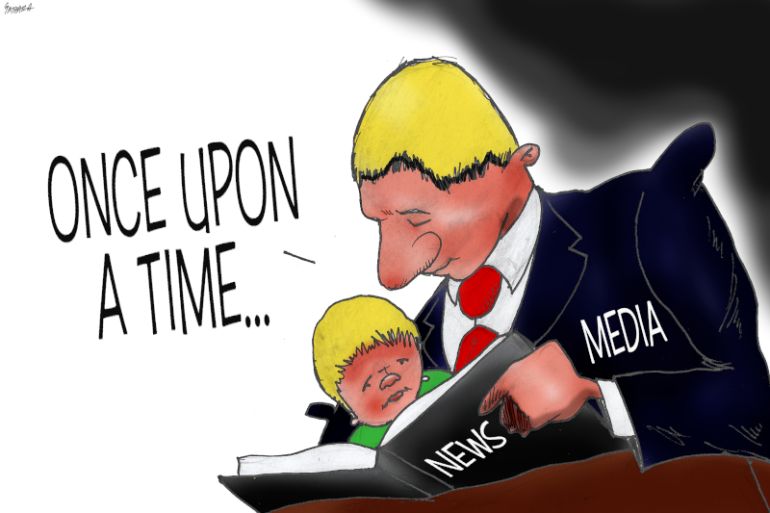A cartoon showing a man representing "media" reading a book titled "news" to a child.