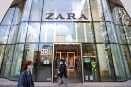 A logo of Zara is seen at the entrance of a store in Brussels, Belgium