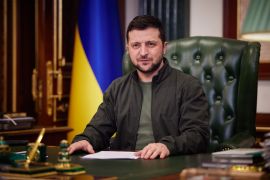 Ukrainian President Volodymyr Zelenskyy makes a speech on evaluation the 22nd day of the Russia-Ukraine war during virtually addressing in Kyiv.