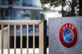The UEFA logo is pictured at the entrance of the UEFA Headquarters, in Nyon, Switzerland