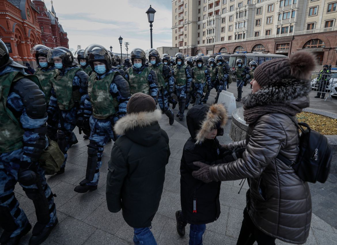 Russian policemen deployed prior to an unauthorized protest against the Russian military invasion in Ukraine, in downtown Moscow
