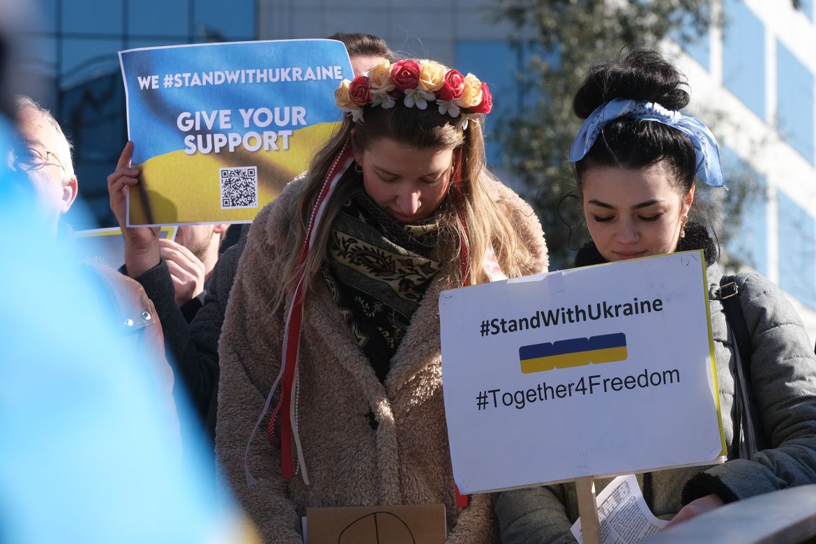 People take part in a demonstration called 'Women stand with Ukraine' against the Russian invasion of Ukraine as part of International Women's Day in Brussels