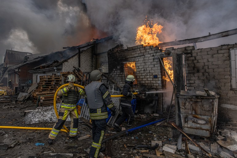 epa09856076 Firefighters extinguish the fire in a warehouse that was hit by the Russian artillery shelling, in Kharkiv, northeast Ukraine, 28 March 2022. Kharkiv, Ukraine?s second-largest city of 1.5 million people, which lies about 25 miles from the Russian border, has been heavily shelled by Russian forces over the past weeks, with many civilians killed in the city. EPA-EFE/ROMAN PILIPEY