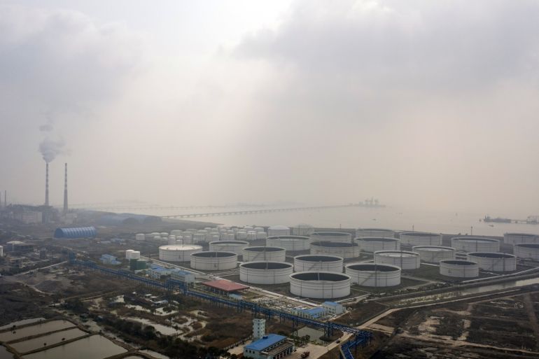 An oil and petrochemical storage facility on the outskirts of Shanghai, China